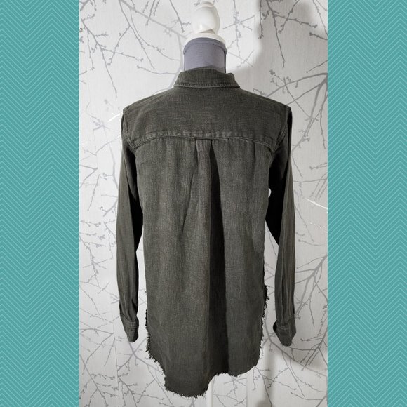 Storia Army Green Cotton Distressed Raw Hem Utility Shirt - Picture 3 of 4